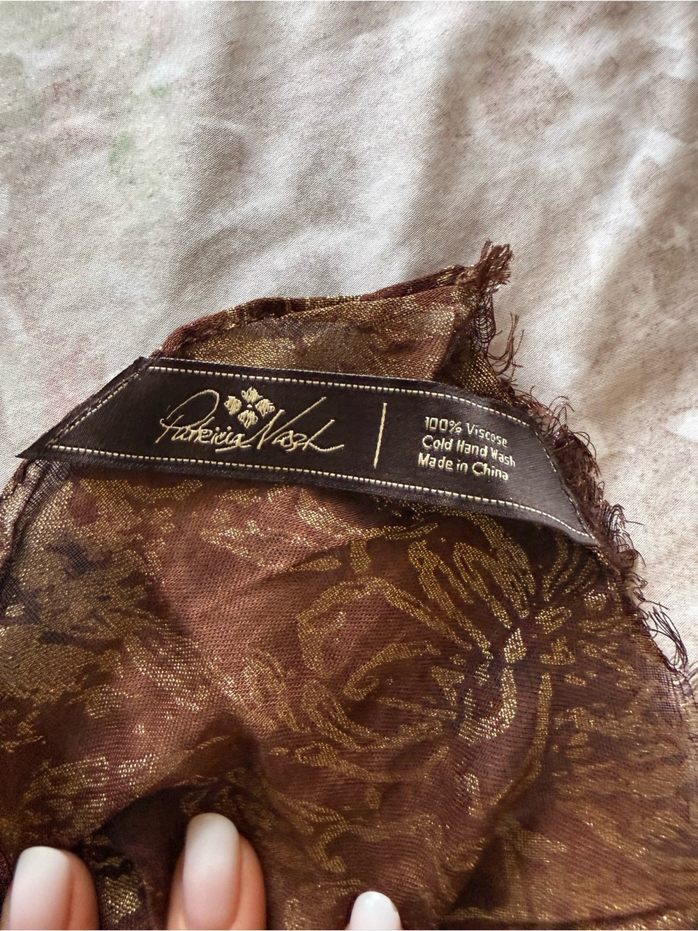 Patricia Nash Brown & Gold Metallic Scarf 100% Viscose Elegant Wrap 24” x 78” - Picture 5 of 7